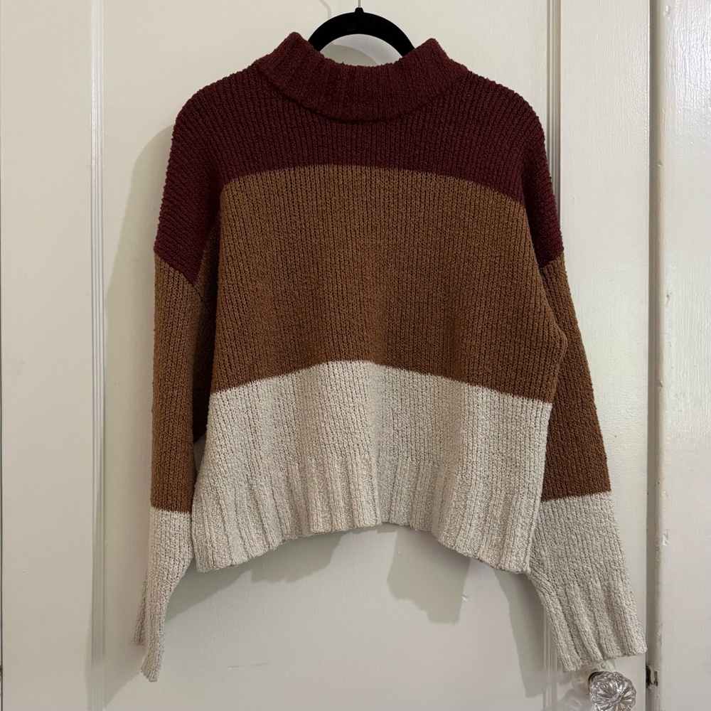 Pink Rose Burgundy, Brown, and Cream Mock Neck Sweater